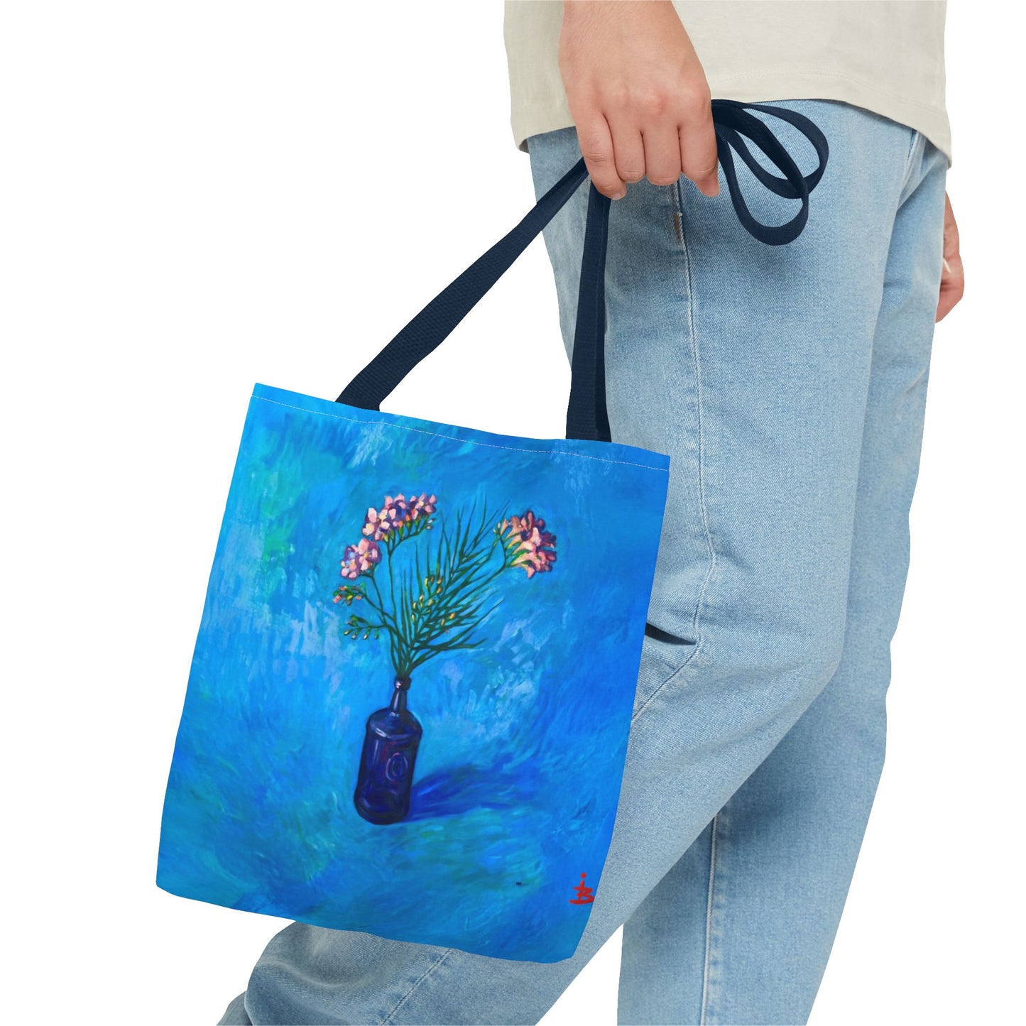 Blauer Shopper mit Blumenmuster – Vase mit rosafarbenen Blumen Allover-Print