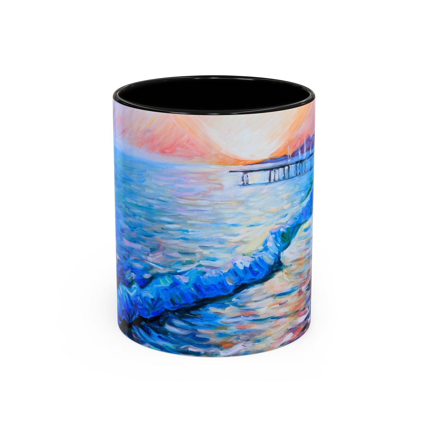 Kaffeetasse „Sonnenaufgang an der Küste“ – Tasse mit Meerespier-Motiv (325 ml)