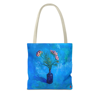 Blauer Shopper mit Blumenmuster – Vase mit rosafarbenen Blumen Allover-Print