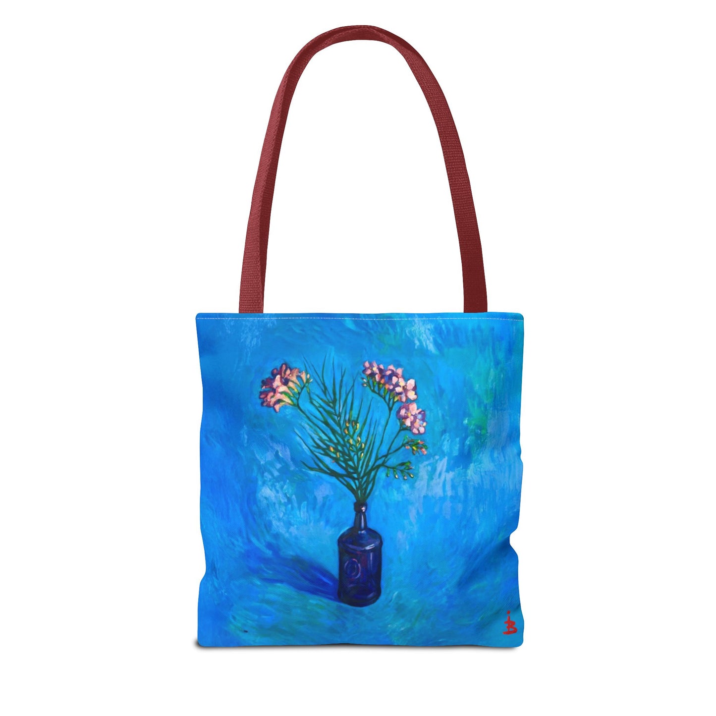 Blauer Shopper mit Blumenmuster – Vase mit rosafarbenen Blumen Allover-Print