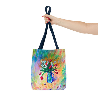 Tragetasche mit Blumenvase – Buntes, impressionistisches Tulpen-Allover-Muster