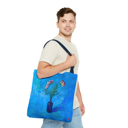 Blauer Shopper mit Blumenmuster – Vase mit rosafarbenen Blumen Allover-Print