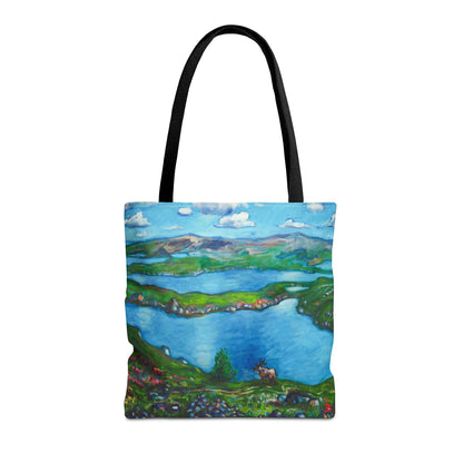 Stofftasche mit malerischer Seenlandschaft – Handbemalte Strandtasche mit Küstenkunst