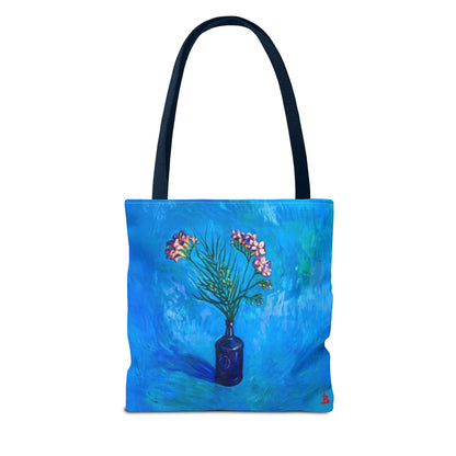 Blauer Shopper mit Blumenmuster – Vase mit rosafarbenen Blumen Allover-Print