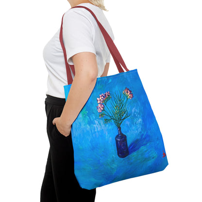 Blauer Shopper mit Blumenmuster – Vase mit rosafarbenen Blumen Allover-Print