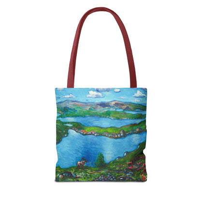 Stofftasche mit malerischer Seenlandschaft – Handbemalte Strandtasche mit Küstenkunst