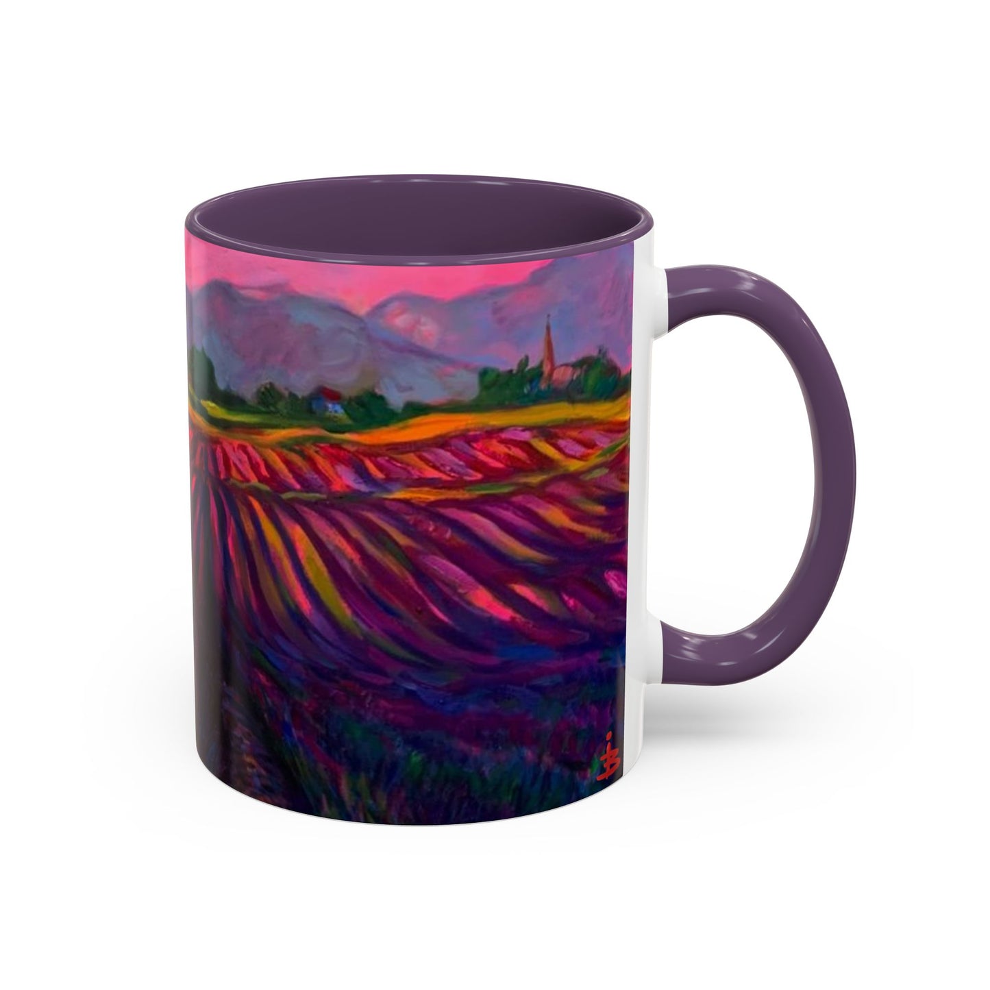 Kaffeetasse mit Lavendelfeld-Motiv – Lebendige Sonnenuntergangslandschaft, 325 ml