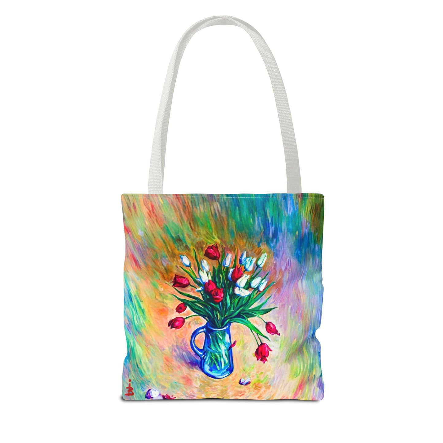 Tragetasche mit Blumenvase – Buntes, impressionistisches Tulpen-Allover-Muster