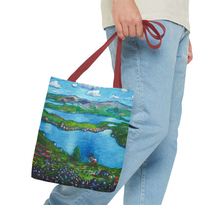 Stofftasche mit malerischer Seenlandschaft – Handbemalte Strandtasche mit Küstenkunst