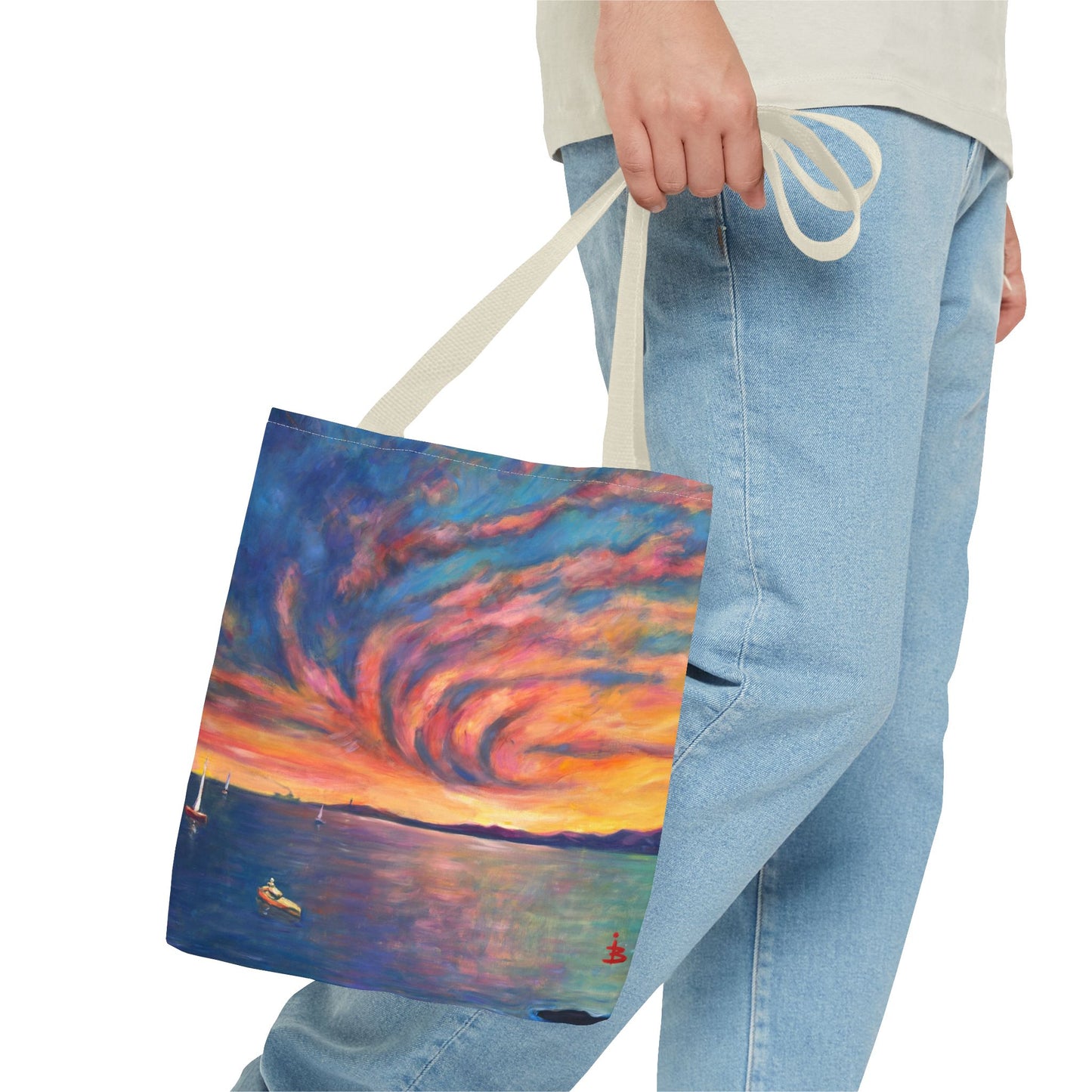 Sunset Swirl Tragetasche – Bunte Tragetasche mit Küstenmotiv und Allover-Print