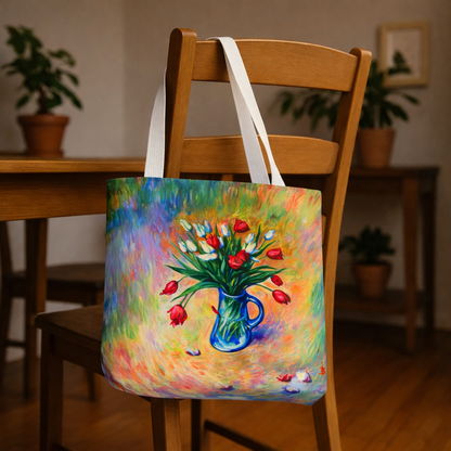 Tragetasche mit Blumenvase – Buntes, impressionistisches Tulpen-Allover-Muster