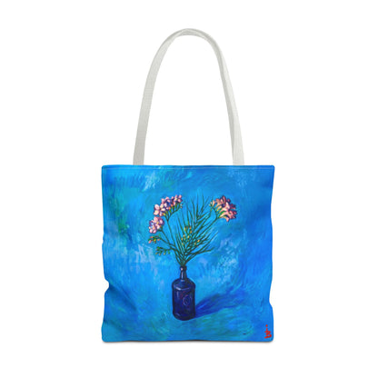 Blauer Shopper mit Blumenmuster – Vase mit rosafarbenen Blumen Allover-Print