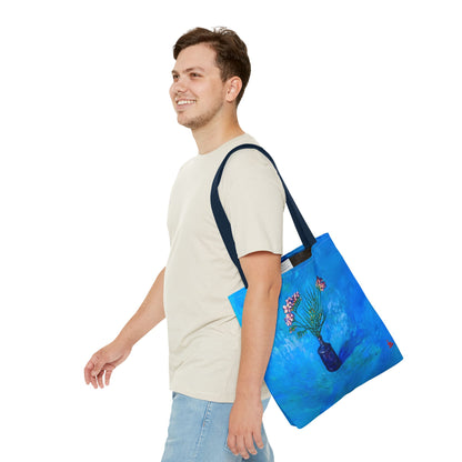 Blauer Shopper mit Blumenmuster – Vase mit rosafarbenen Blumen Allover-Print