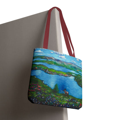 Stofftasche mit malerischer Seenlandschaft – Handbemalte Strandtasche mit Küstenkunst