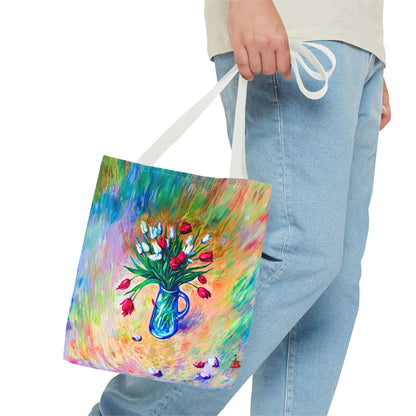 Tragetasche mit Blumenvase – Buntes, impressionistisches Tulpen-Allover-Muster