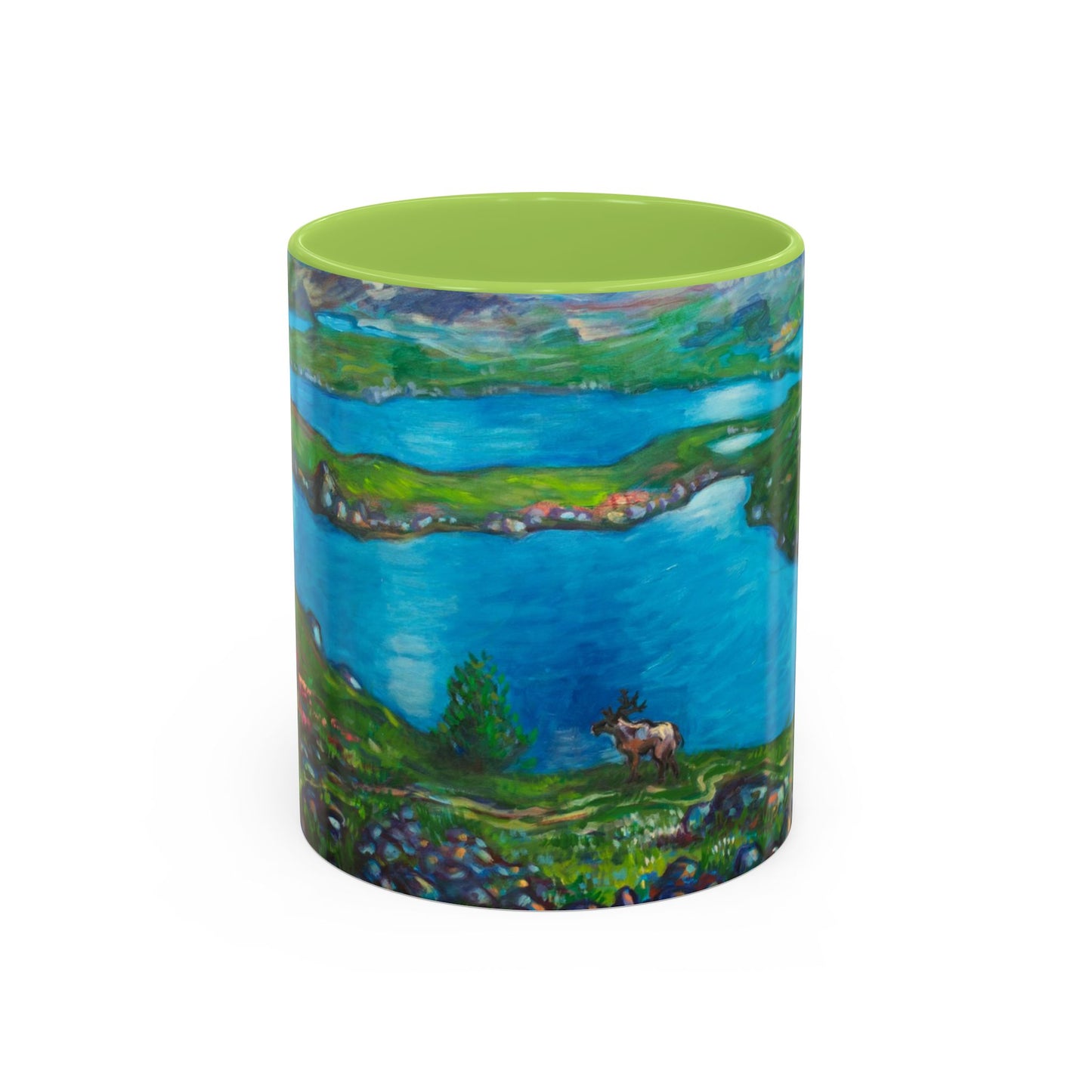 Kaffeetasse „Malerische Seenlandschaft“ – Keramiktasse mit blauem Akzent