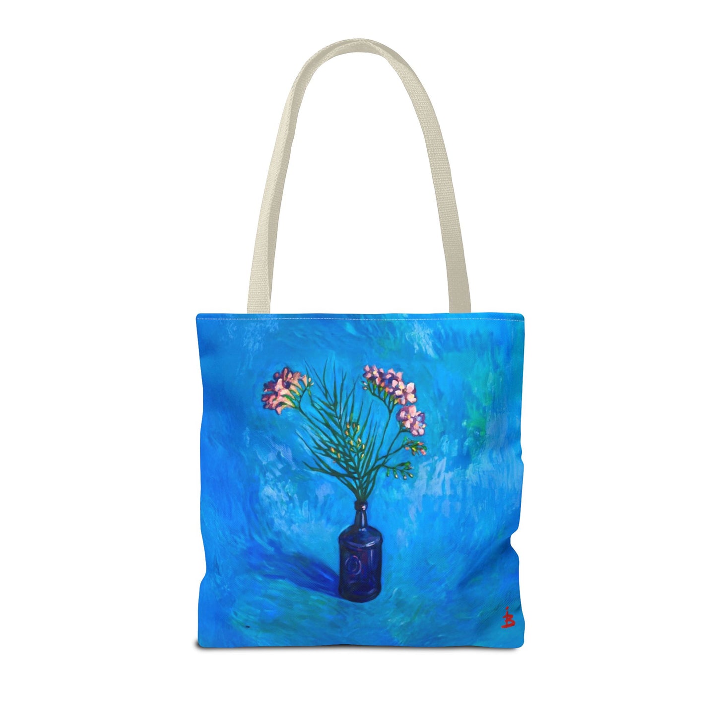 Blauer Shopper mit Blumenmuster – Vase mit rosafarbenen Blumen Allover-Print