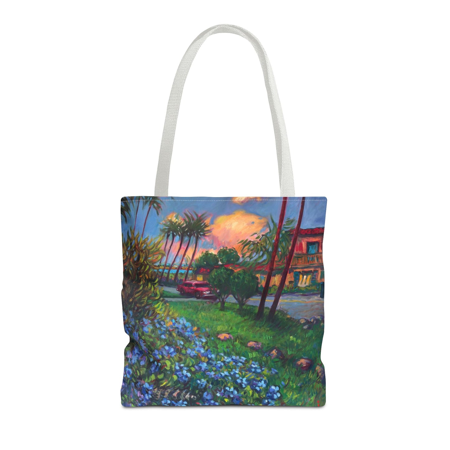 Einkaufstasche mit Sonnenuntergang am Strand – Küstenblumen-Palmen-Allover-Print