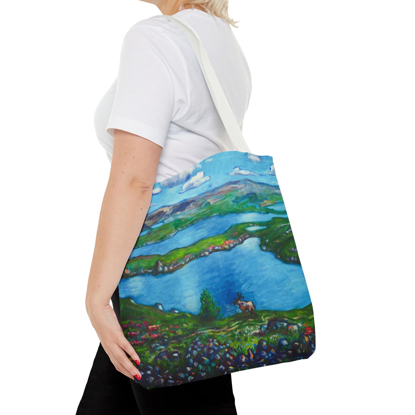 Stofftasche mit malerischer Seenlandschaft – Handbemalte Strandtasche mit Küstenkunst