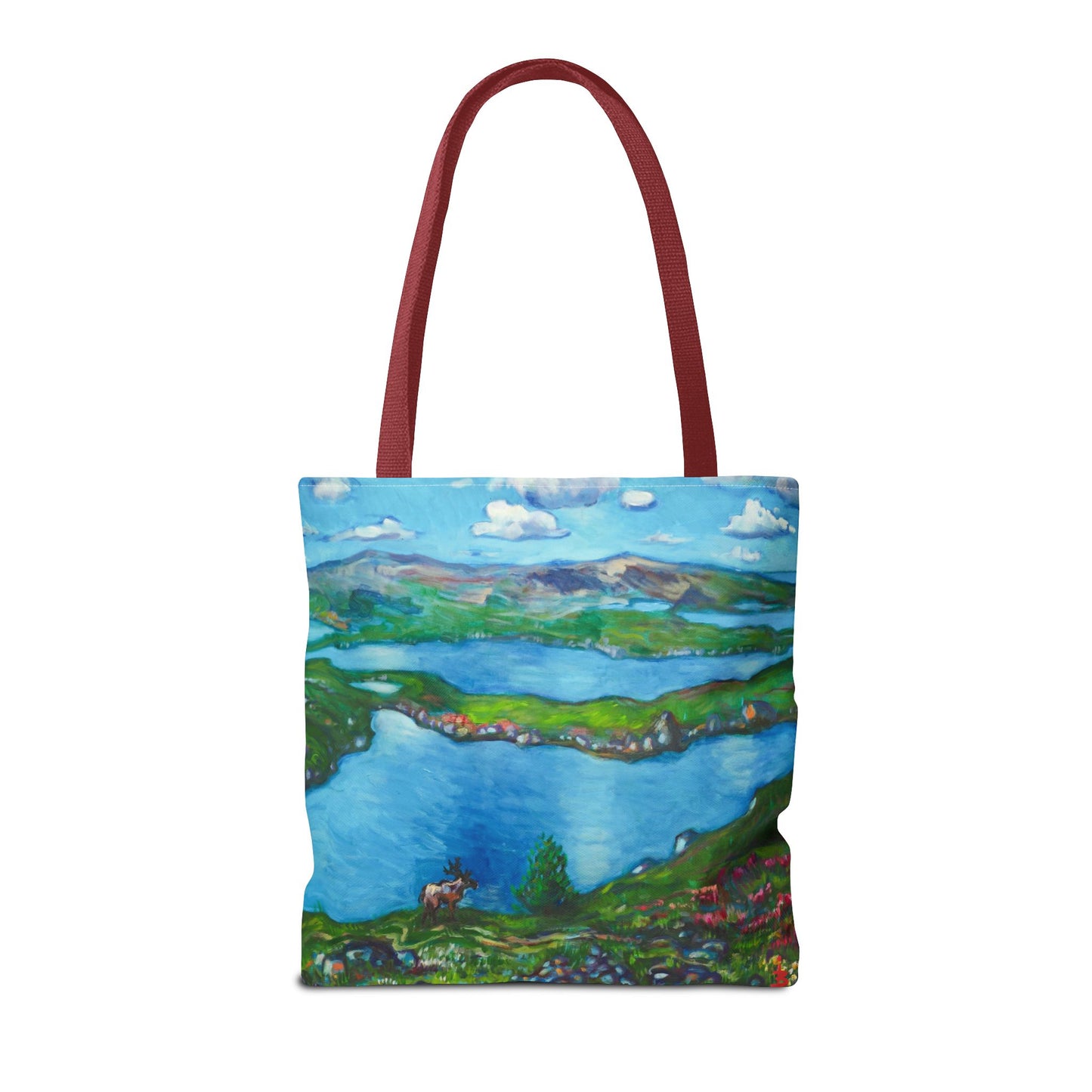 Stofftasche mit malerischer Seenlandschaft – Handbemalte Strandtasche mit Küstenkunst