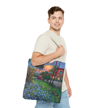 Einkaufstasche mit Sonnenuntergang am Strand – Küstenblumen-Palmen-Allover-Print