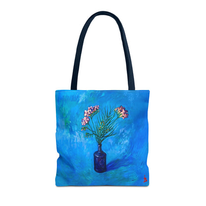 Blauer Shopper mit Blumenmuster – Vase mit rosafarbenen Blumen Allover-Print