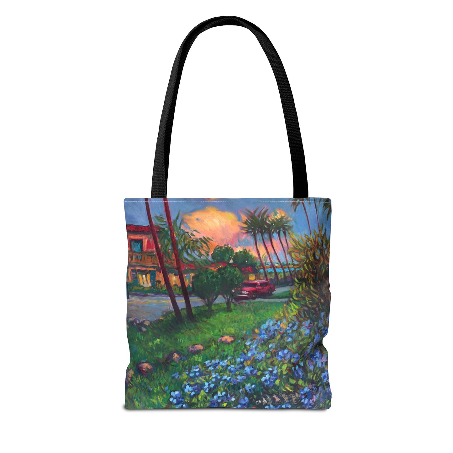 Einkaufstasche mit Sonnenuntergang am Strand – Küstenblumen-Palmen-Allover-Print