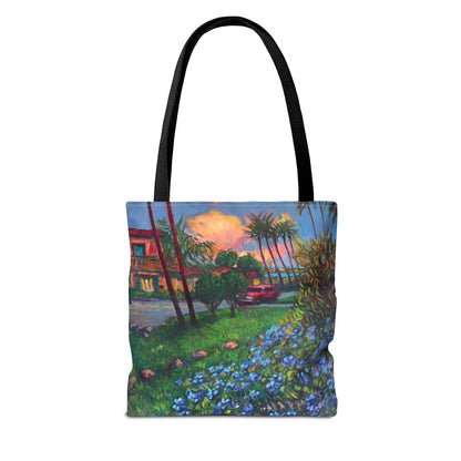 Einkaufstasche mit Sonnenuntergang am Strand – Küstenblumen-Palmen-Allover-Print