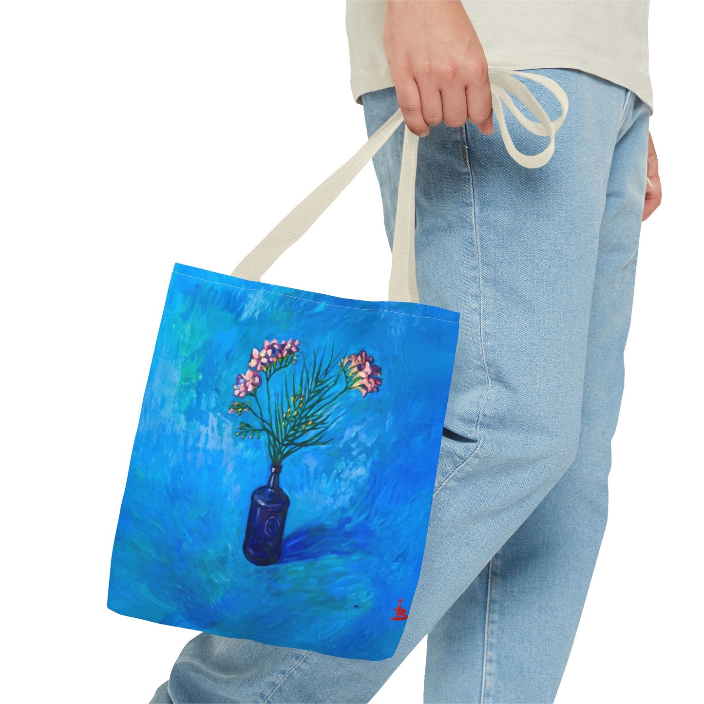 Blauer Shopper mit Blumenmuster – Vase mit rosafarbenen Blumen Allover-Print