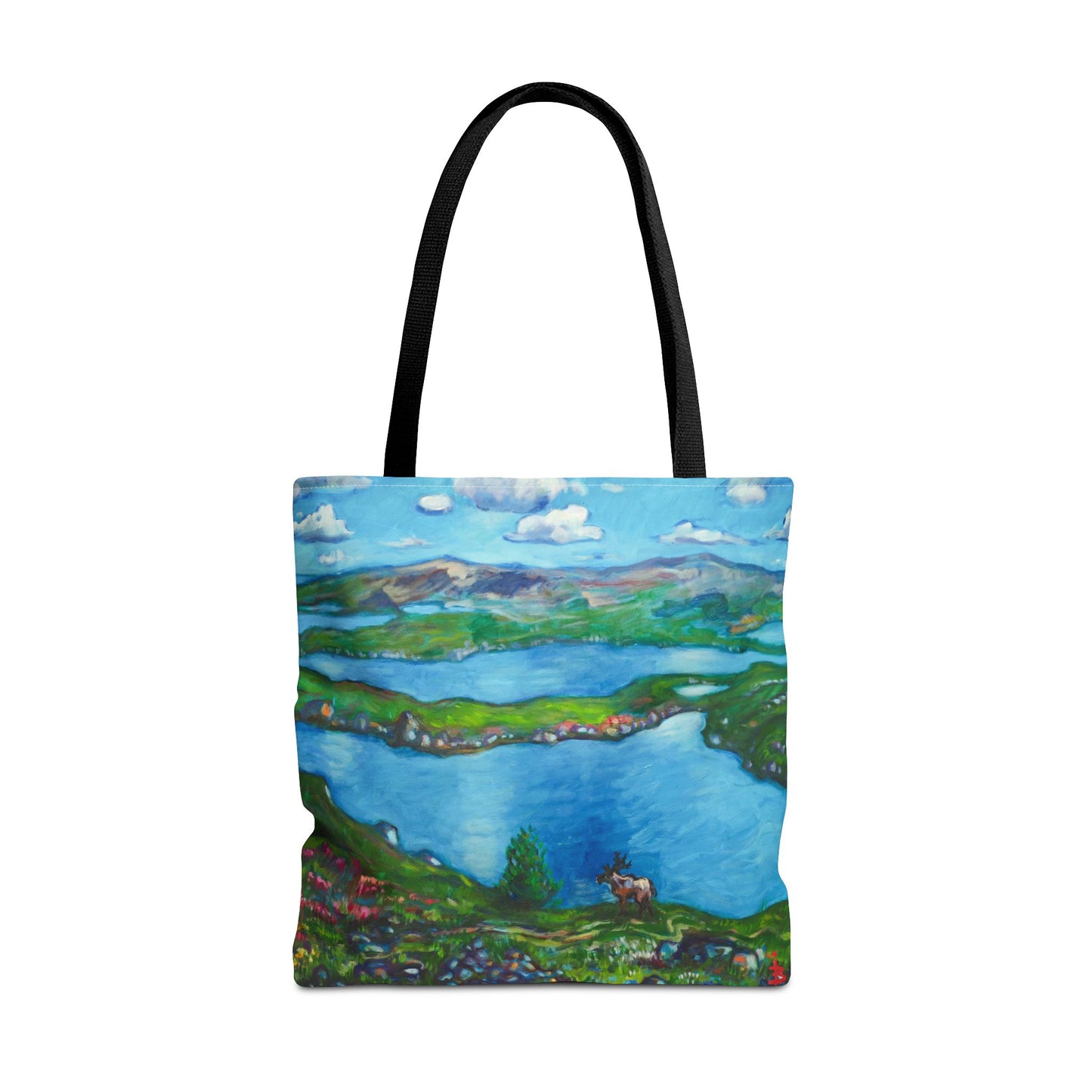 Stofftasche mit malerischer Seenlandschaft – Handbemalte Strandtasche mit Küstenkunst