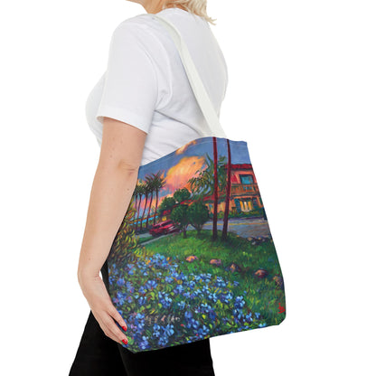 Einkaufstasche mit Sonnenuntergang am Strand – Küstenblumen-Palmen-Allover-Print