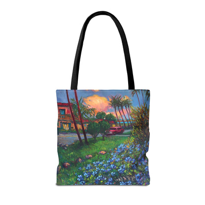 Einkaufstasche mit Sonnenuntergang am Strand – Küstenblumen-Palmen-Allover-Print