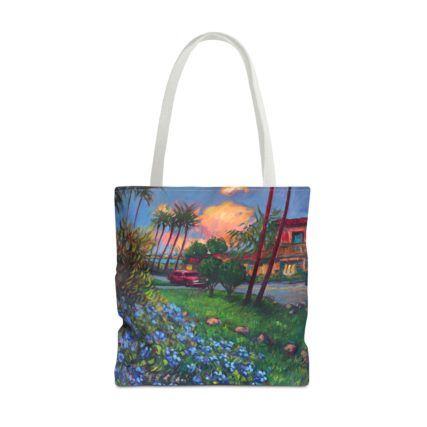 Einkaufstasche mit Sonnenuntergang am Strand – Küstenblumen-Palmen-Allover-Print