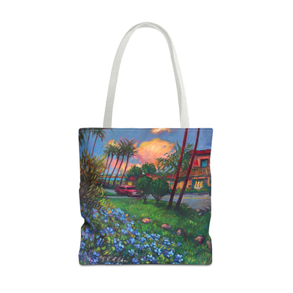 Einkaufstasche mit Sonnenuntergang am Strand – Küstenblumen-Palmen-Allover-Print