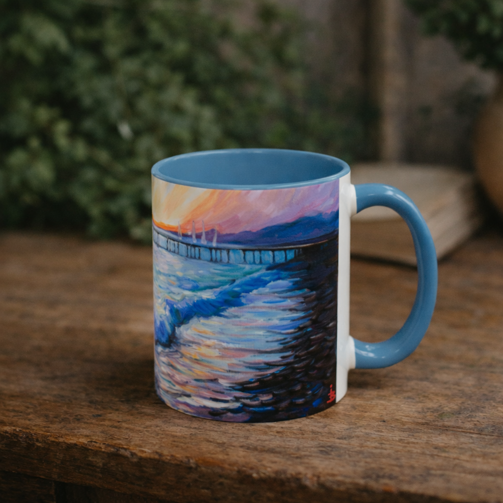 Kaffeetasse „Küsten-Sonnenuntergang“ – Keramiktasse mit Akzent „Seepier“ (325/444 ml)