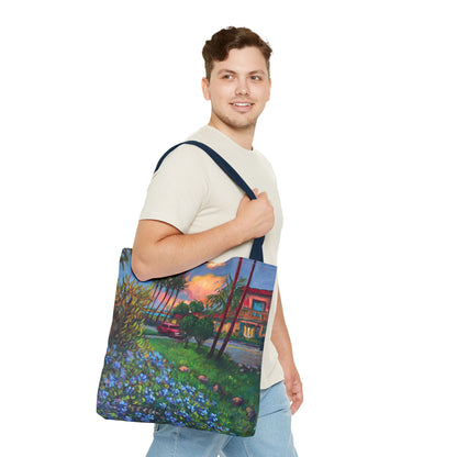 Einkaufstasche mit Sonnenuntergang am Strand – Küstenblumen-Palmen-Allover-Print