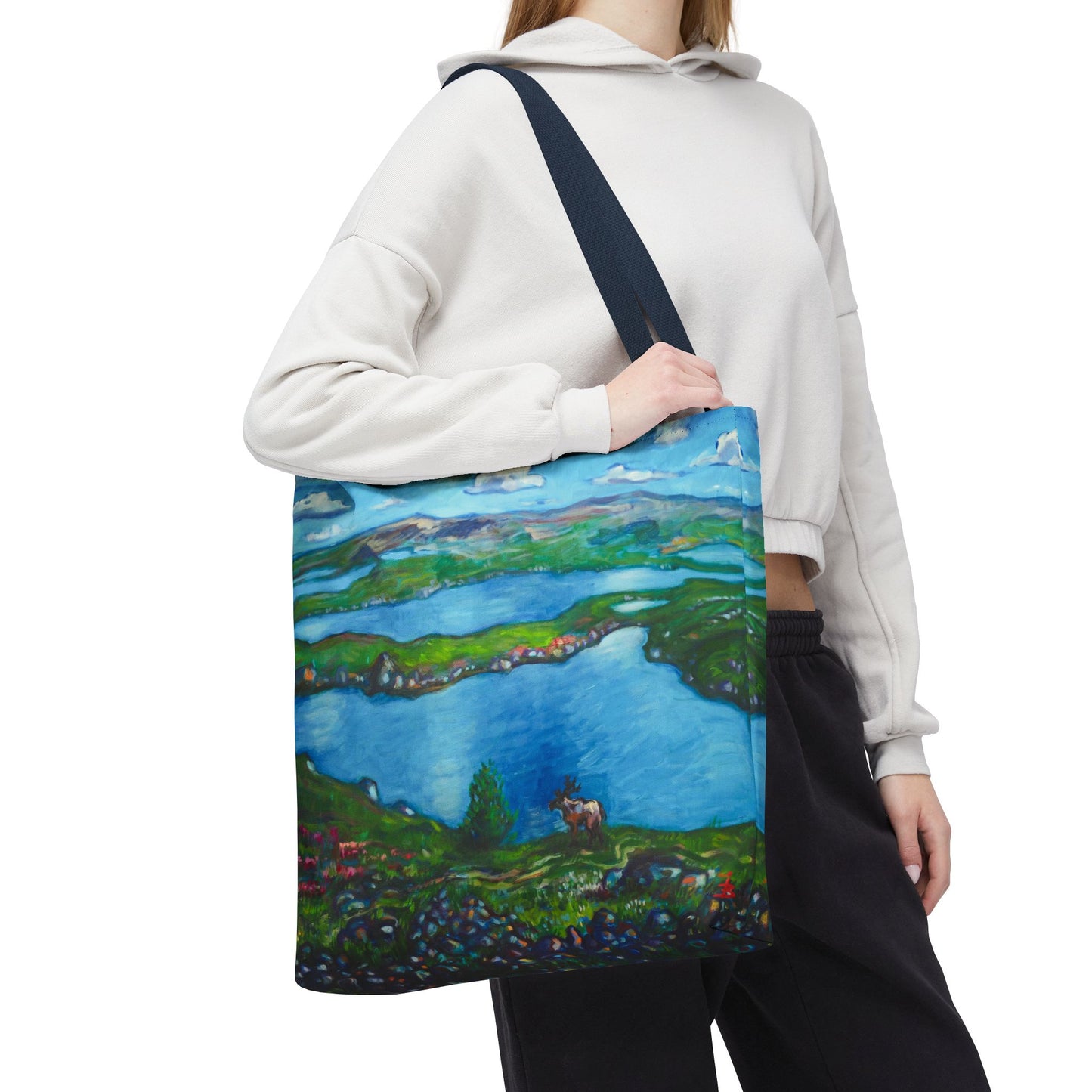 Stofftasche mit malerischer Seenlandschaft – Handbemalte Strandtasche mit Küstenkunst