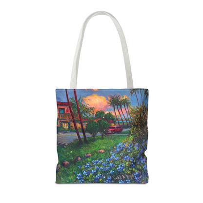 Einkaufstasche mit Sonnenuntergang am Strand – Küstenblumen-Palmen-Allover-Print