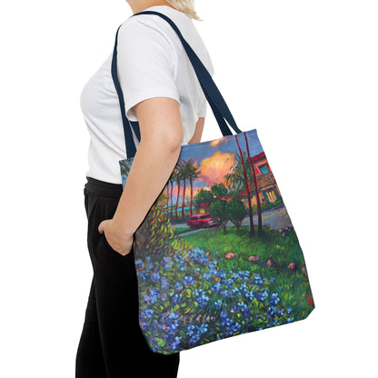 Einkaufstasche mit Sonnenuntergang am Strand – Küstenblumen-Palmen-Allover-Print