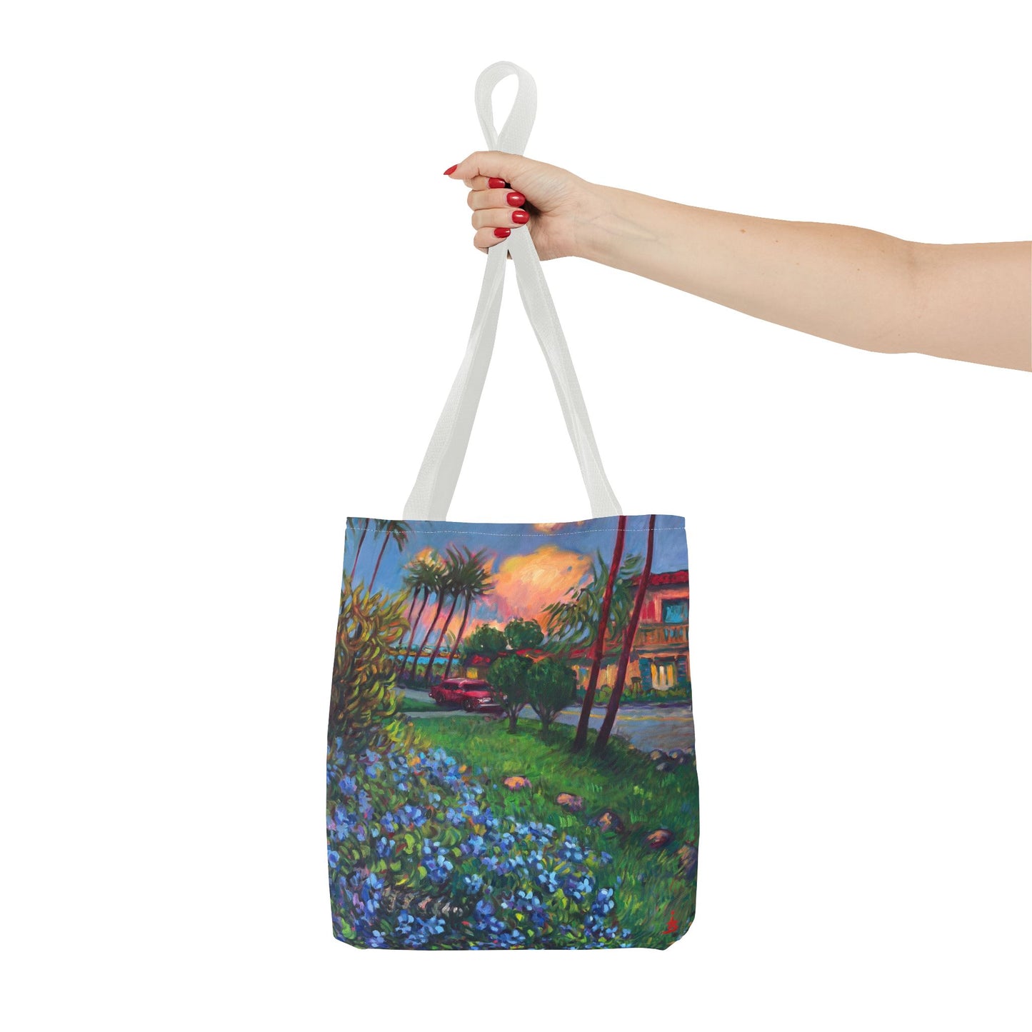 Einkaufstasche mit Sonnenuntergang am Strand – Küstenblumen-Palmen-Allover-Print