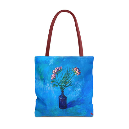 Blauer Shopper mit Blumenmuster – Vase mit rosafarbenen Blumen Allover-Print