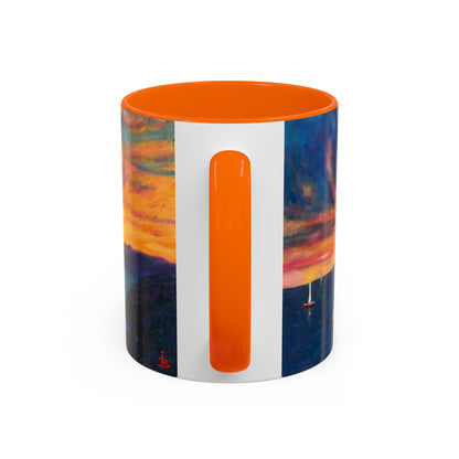Kaffeetasse mit Akzent „Sonnenuntergang am Meer“ – Farbenfrohes Kunstwerk zum Sonnenuntergang am Meer (11/15 oz)