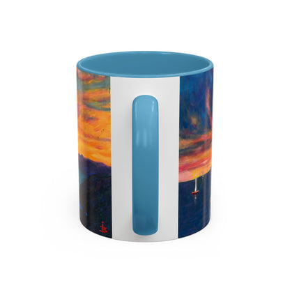 Kaffeetasse mit Akzent „Sonnenuntergang am Meer“ – Farbenfrohes Kunstwerk zum Sonnenuntergang am Meer (11/15 oz)