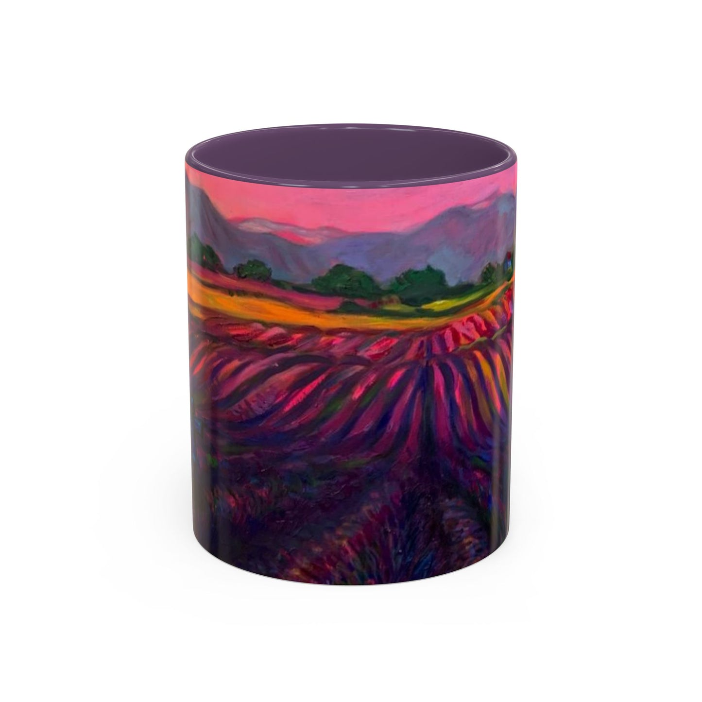 Kaffeetasse mit Lavendelfeld-Motiv – Lebendige Sonnenuntergangslandschaft, 325 ml