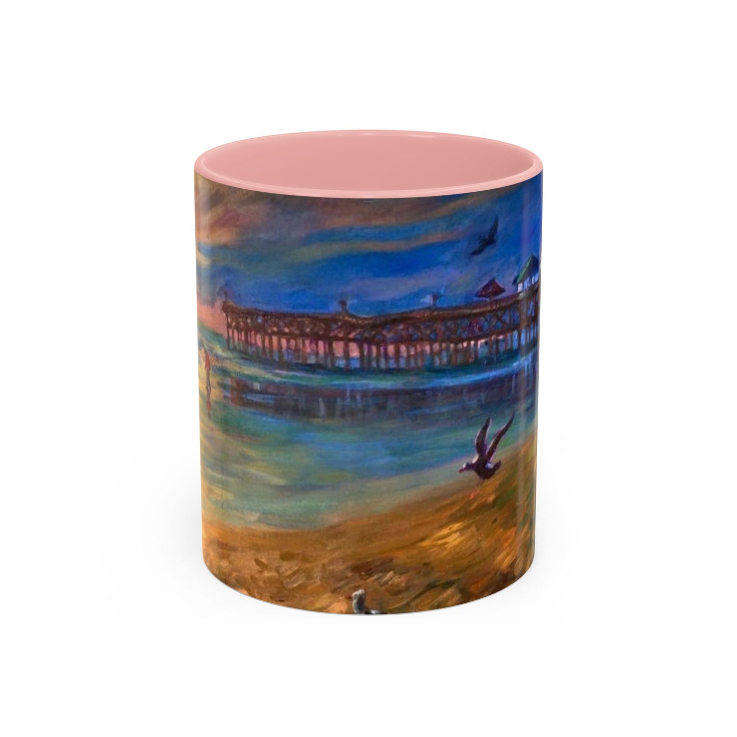 Kaffeebecher mit Akzent: Küstenpier bei Sonnenuntergang – Strandlandschaft 11/15oz