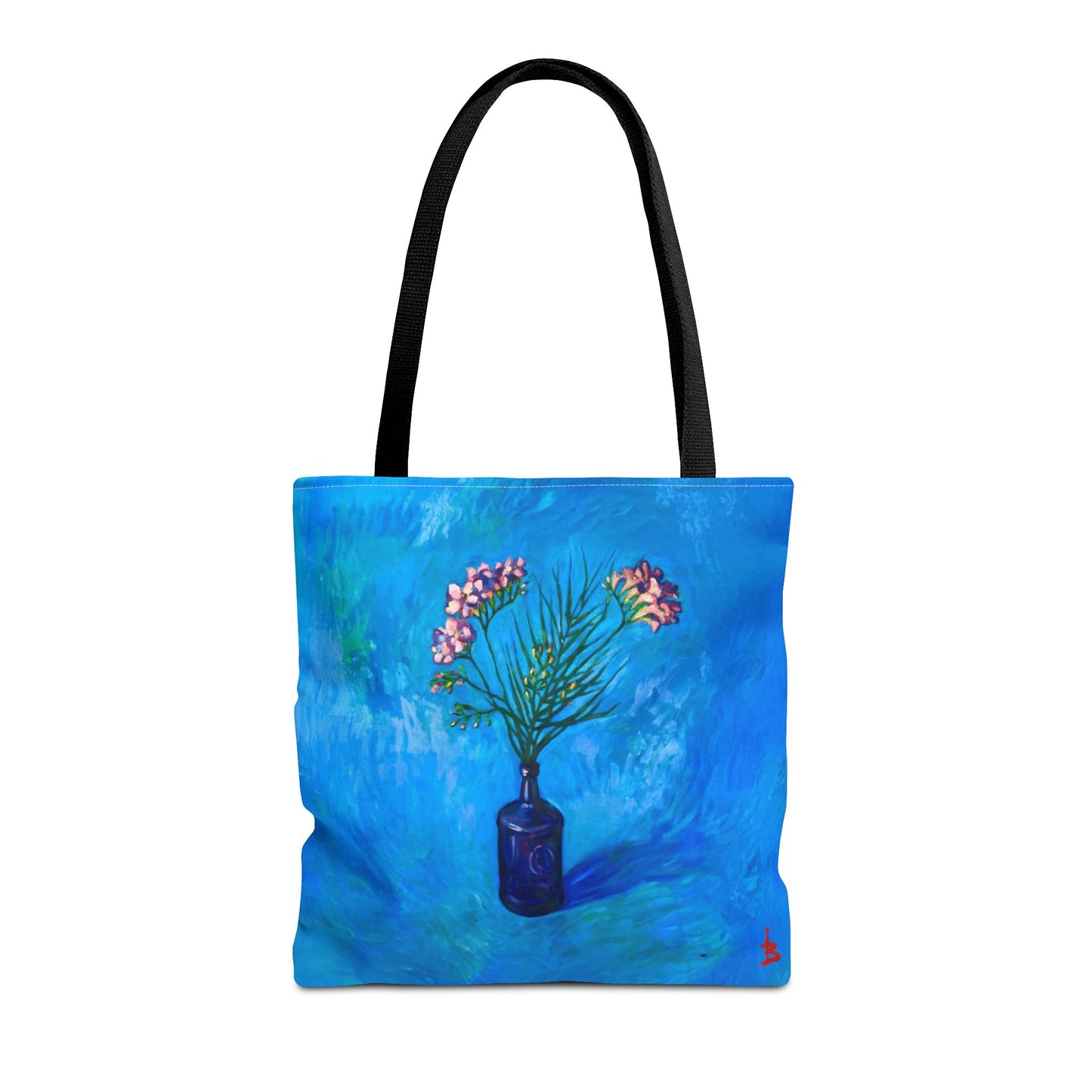 Blauer Shopper mit Blumenmuster – Vase mit rosafarbenen Blumen Allover-Print