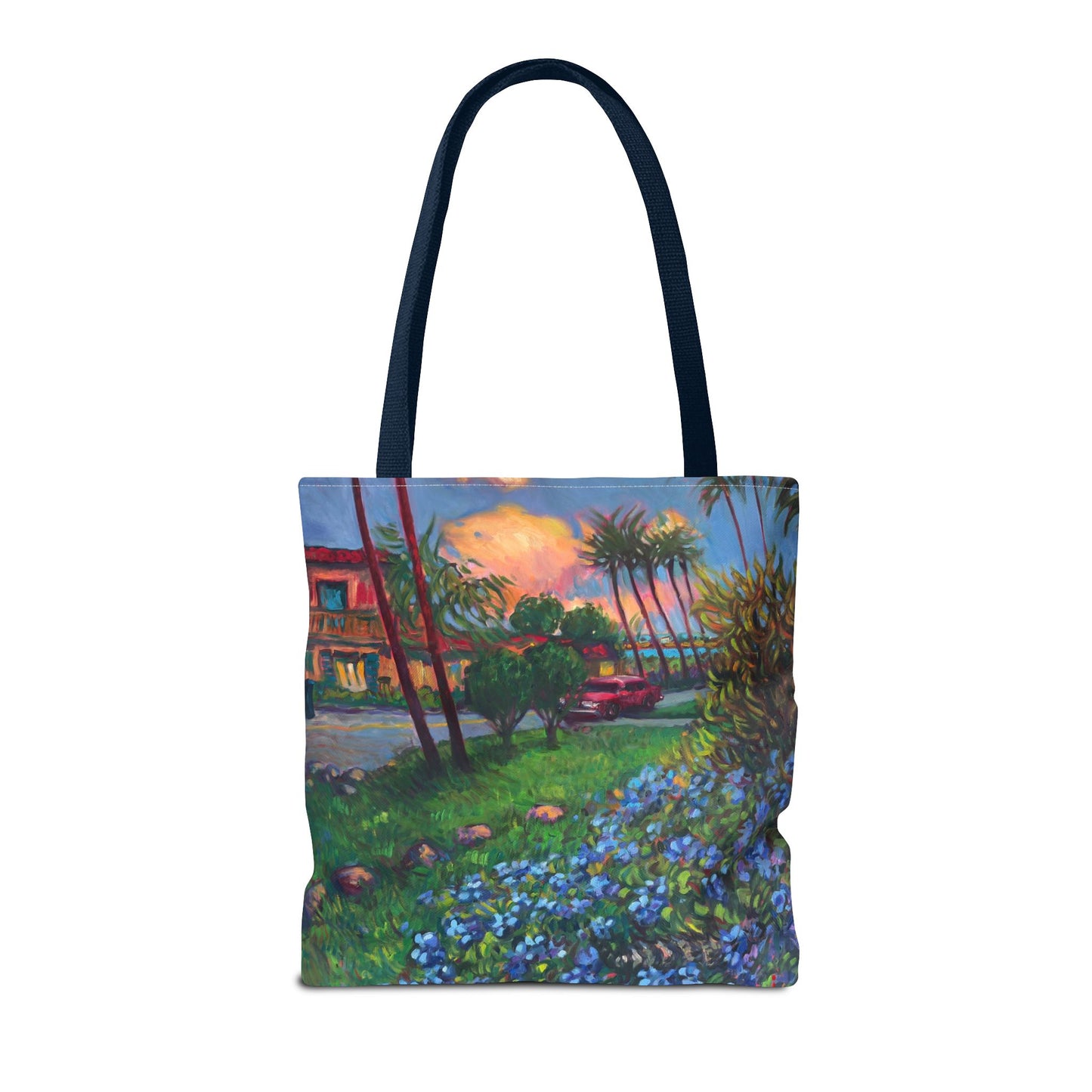 Einkaufstasche mit Sonnenuntergang am Strand – Küstenblumen-Palmen-Allover-Print