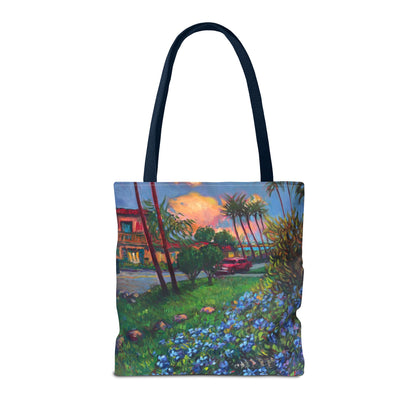 Einkaufstasche mit Sonnenuntergang am Strand – Küstenblumen-Palmen-Allover-Print