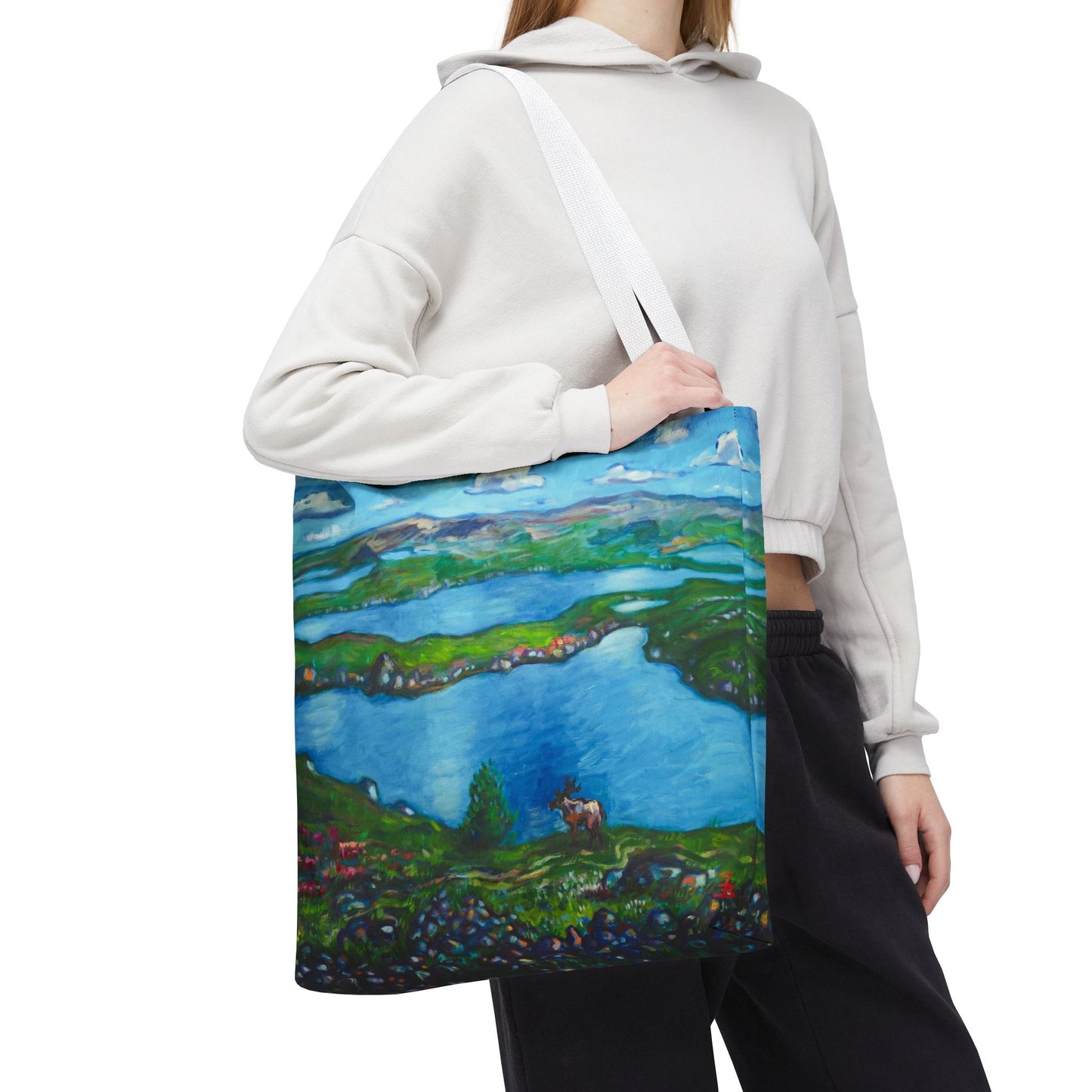 Stofftasche mit malerischer Seenlandschaft – Handbemalte Strandtasche mit Küstenkunst