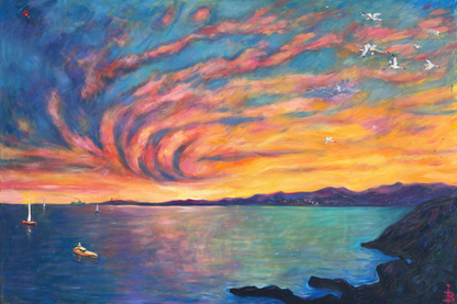 Kunstdruck Meereslandschaft bei orangefarbenem Sonnenuntergang – angekommen